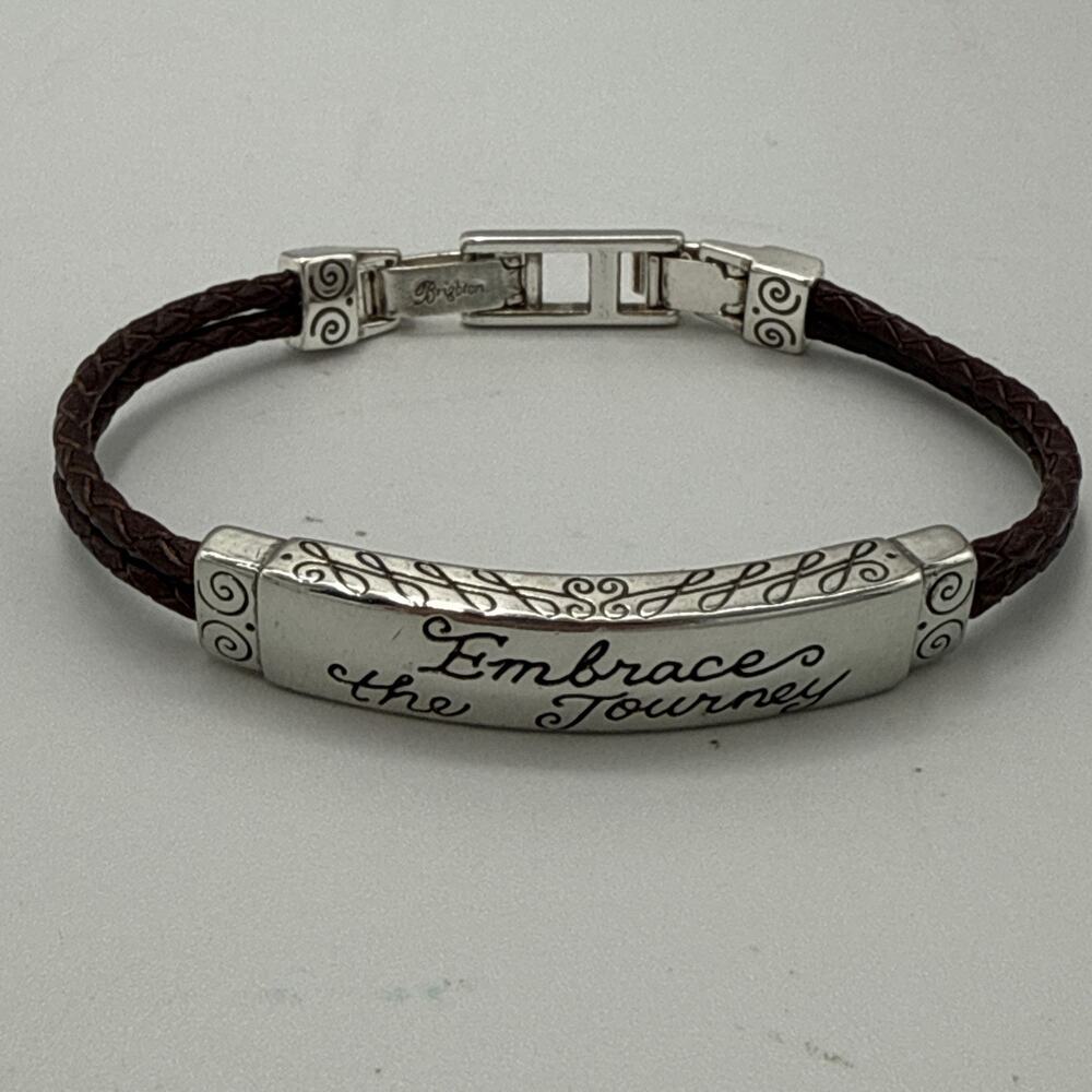 BRIGHTON Embrace the Journey Etched Bracelet Silver Tone Brown Leather Braid